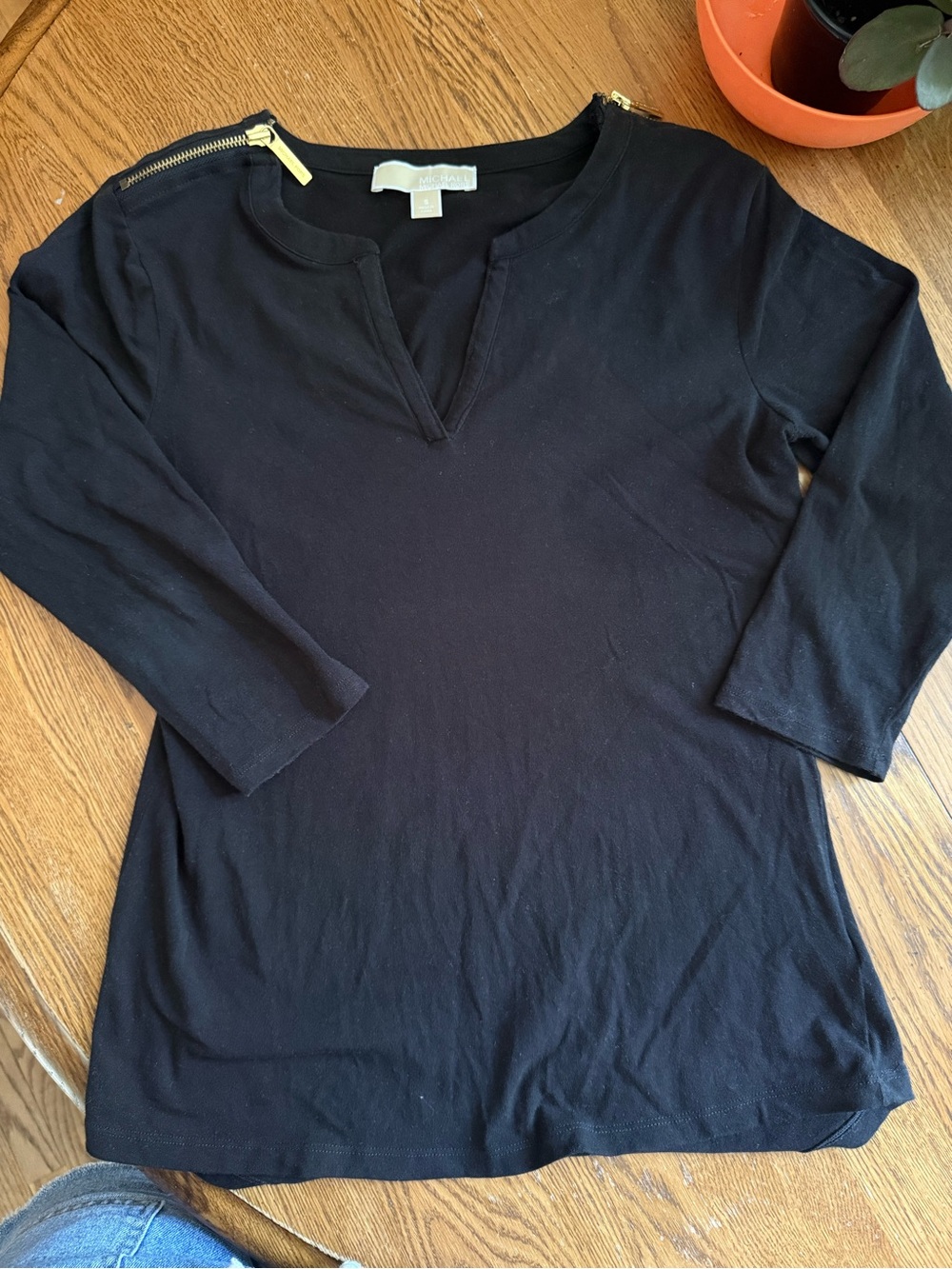Michael Kors Black Long-Sleeve V-Neck Top with Gold Zipper Accents